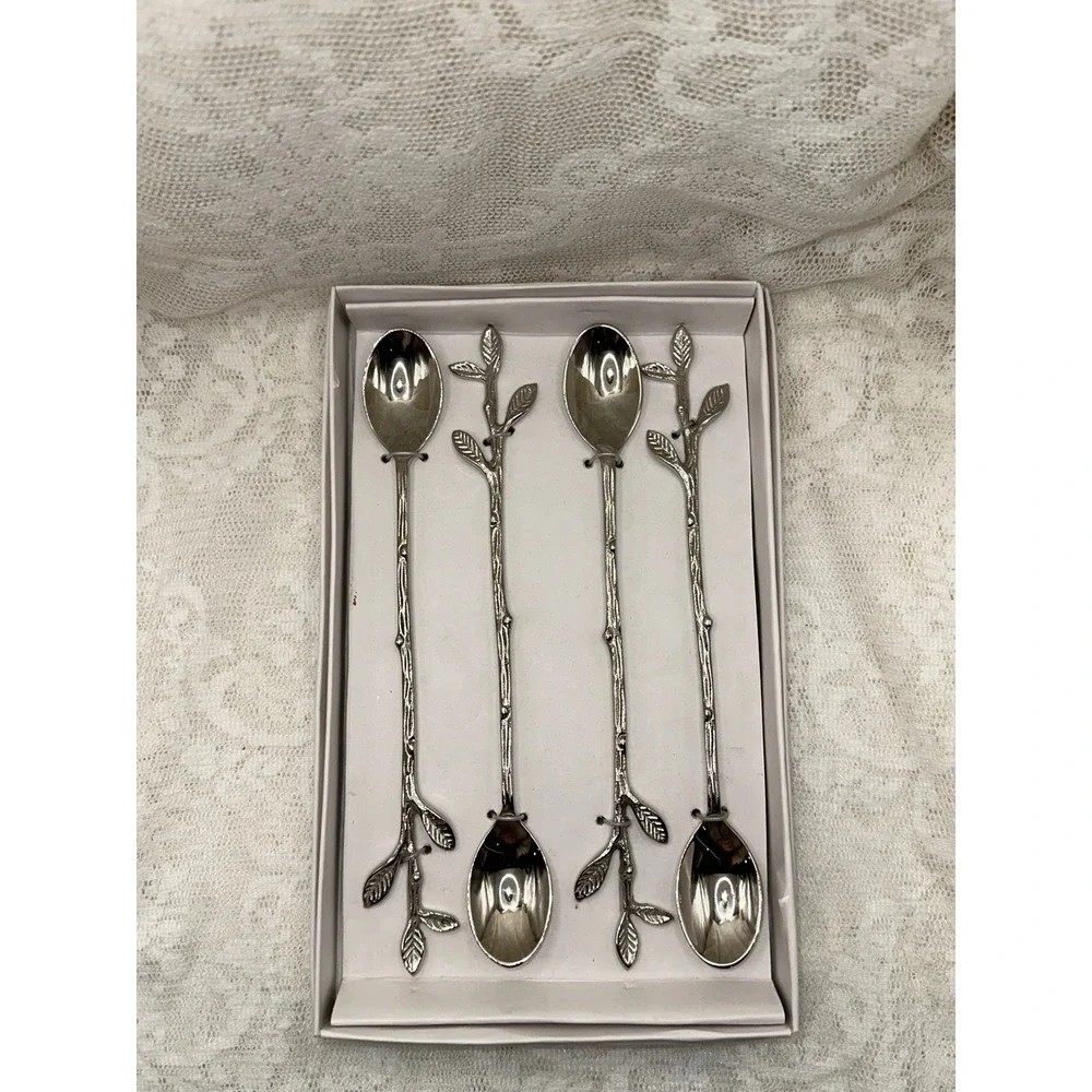 Zodax Leaves Cocktail Spoons Set of 4 Silver Tone Twig Handle IN-7312‎ New